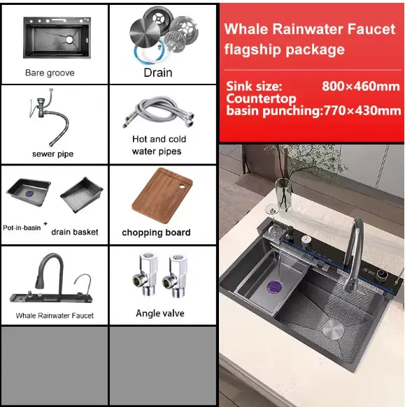 Digital fly rain waterfall sink embossed nano 304 stainless steel large single sink kitchen black washbasin