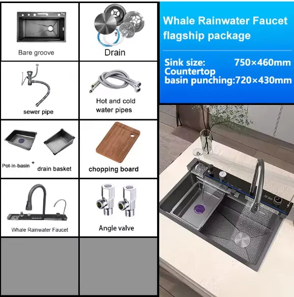 Digital fly rain waterfall sink embossed nano 304 stainless steel large single sink kitchen black washbasin