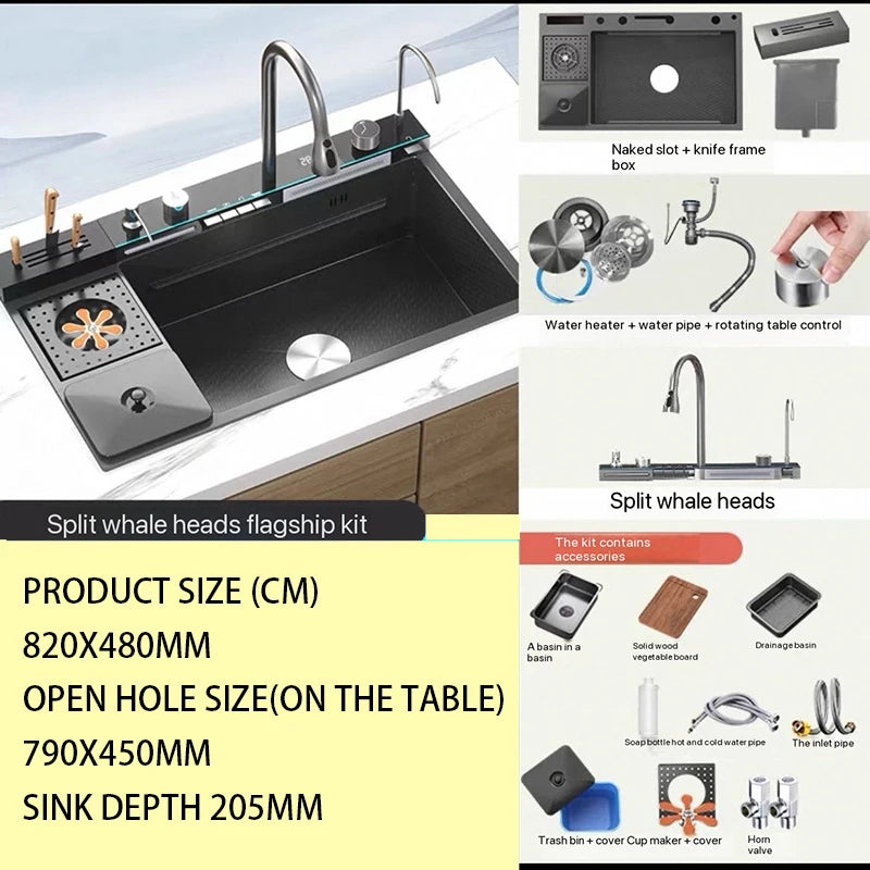 Digital fly rain waterfall sink embossed nano 304 stainless steel large single sink kitchen black washbasin