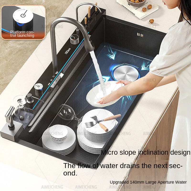 Digital fly rain waterfall sink embossed nano 304 stainless steel large single sink kitchen black washbasin