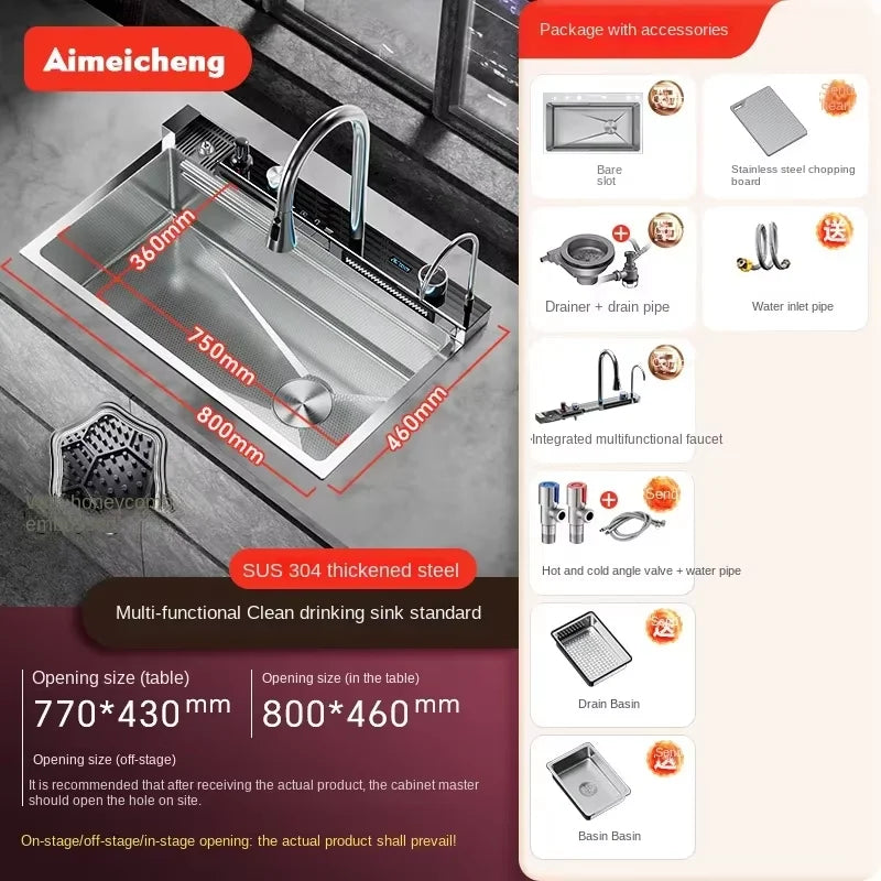 Digital fly rain waterfall sink embossed nano 304 stainless steel large single sink kitchen black washbasin