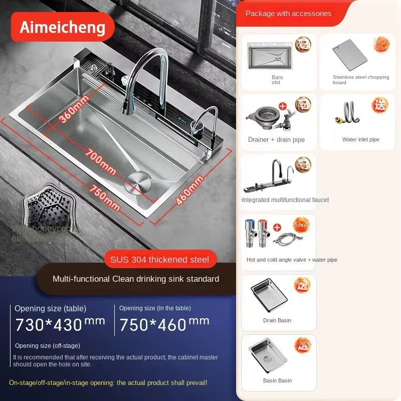 Digital fly rain waterfall sink embossed nano 304 stainless steel large single sink kitchen black washbasin