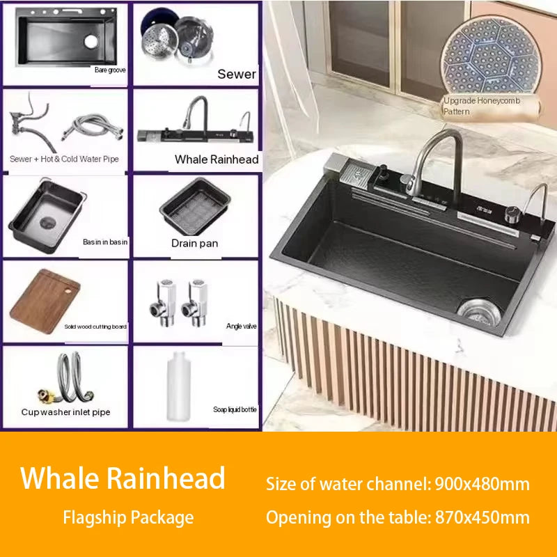 Digital fly rain waterfall sink embossed nano 304 stainless steel large single sink kitchen black washbasin