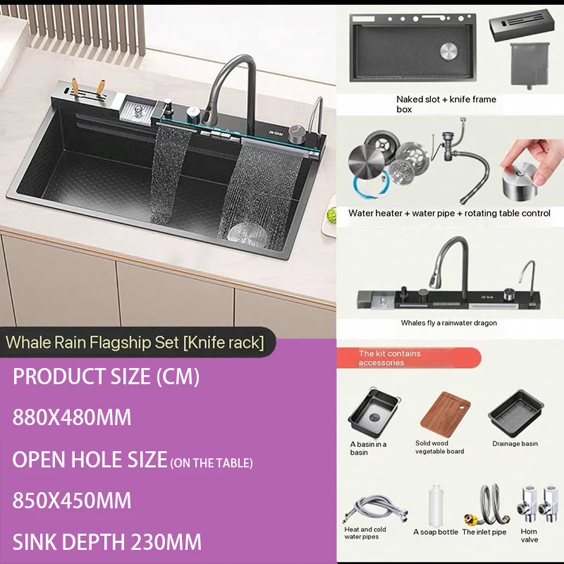 Digital fly rain waterfall sink embossed nano 304 stainless steel large single sink kitchen black washbasin